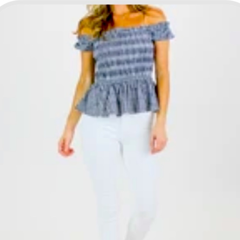 Blue and White Stripe Smocked Off the shoulder top